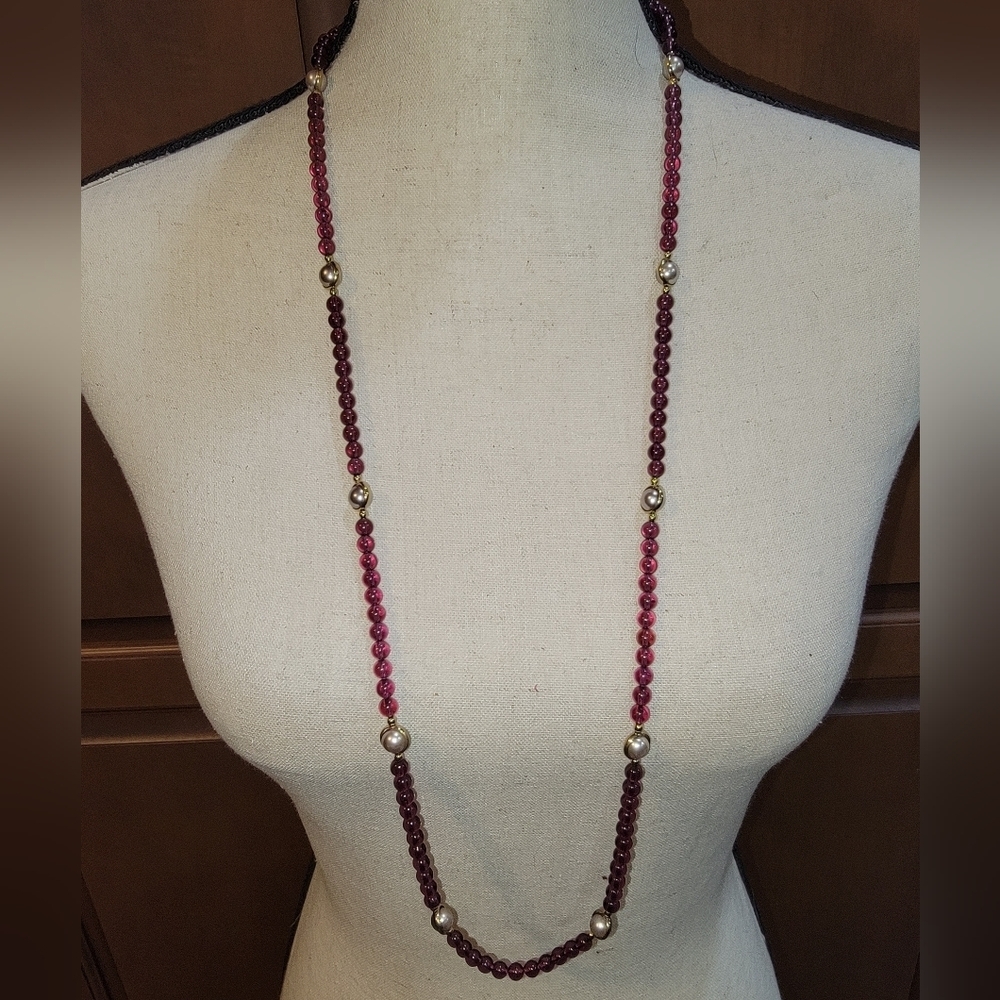 Vintage Purple Beaded Long Infinity Necklace Lavender Faux Pearl 36”